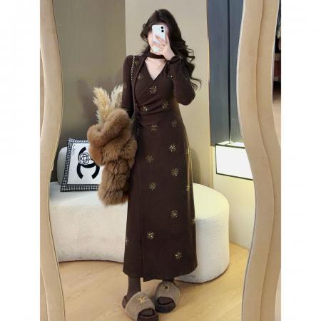 FA53415# 法式秋冬新款重工烫钻德绒收腰连衣裙内搭显瘦中长款裙子 服裝批發女裝批發服飾貨源