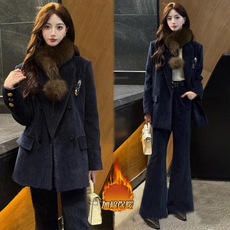 韩系ootd穿搭一整套高级感秋冬加厚西装外套显瘦微喇长裤套装 服裝批發女裝批發服飾貨源