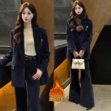 FA53416# 韩系ootd穿搭一整套高级感秋冬加厚西装外套显瘦微喇长裤套装 服裝批發女裝批發服飾貨源
