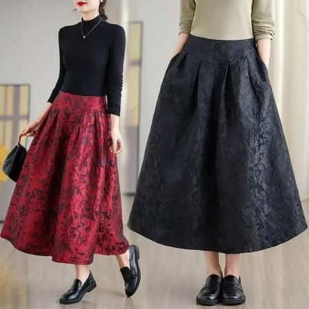 复古提花高腰显瘦半身裙女春季新款时尚百搭A字裙中长裙 服裝批發女裝批發服飾貨源