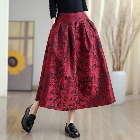 FA53418# 复古提花高腰显瘦半身裙女春季新款时尚百搭A字裙中长裙 服裝批發女裝批發服飾貨源