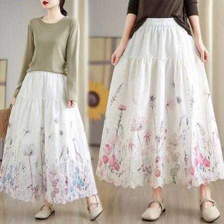 晕染刺绣碎花半身裙女春季新款温柔风高腰显瘦蛋糕裙A字长裙 服裝批發女裝批發服飾貨源