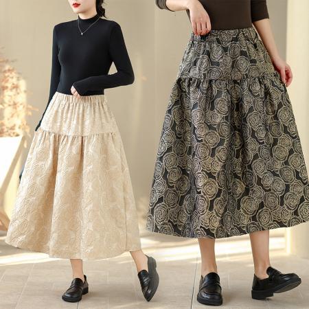 春季新款浮雕提花半身裙文艺休闲百搭中长裙子蓬蓬裙女 服裝批發女裝批發服飾貨源