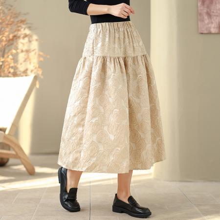 FA53420# 春季新款浮雕提花半身裙文艺休闲百搭中长裙子蓬蓬裙女 服裝批發女裝批發服飾貨源