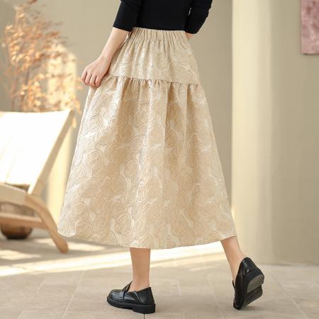 FA53420# 春季新款浮雕提花半身裙文艺休闲百搭中长裙子蓬蓬裙女 服裝批發女裝批發服飾貨源
