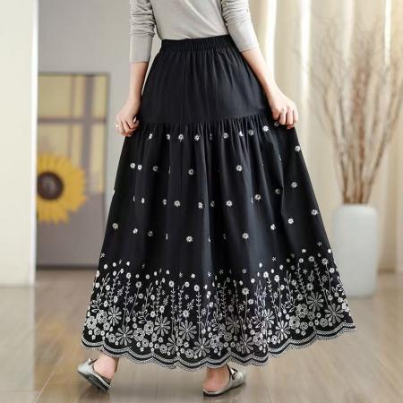 FA53422# 拼接碎花刺绣半身裙女春季新款温柔风高腰显瘦蛋糕裙A字长裙 服裝批發女裝批發服飾貨源