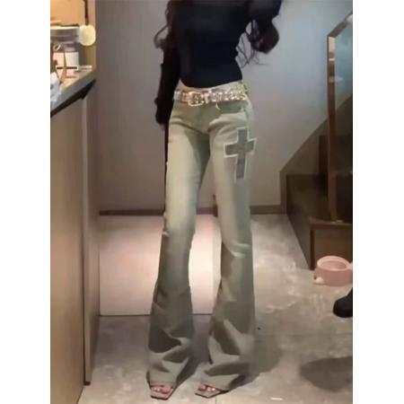 FA53426# 美式复古做旧低腰微喇牛仔裤女春秋款辣妹高街设计感修身工装长裤 服裝批發女裝批發服飾貨源