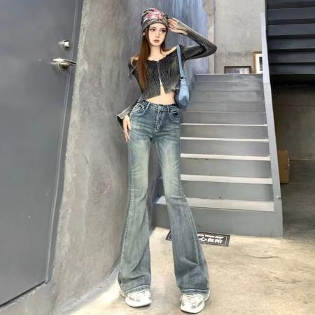 复古蓝中高腰微喇牛仔裤女修身显瘦提臀弹力小个子马蹄裤拖地长裤 服裝批發女裝批發服飾貨源