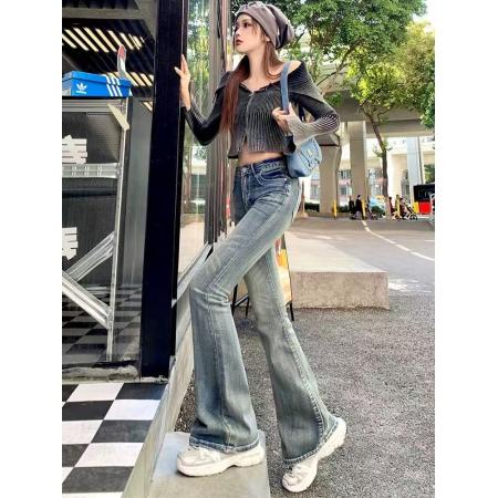 FA53427# 复古蓝中高腰微喇牛仔裤女修身显瘦提臀弹力小个子马蹄裤拖地长裤 服裝批發女裝批發服飾貨源