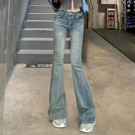 FA53427# 复古蓝中高腰微喇牛仔裤女修身显瘦提臀弹力小个子马蹄裤拖地长裤 服裝批發女裝批發服飾貨源