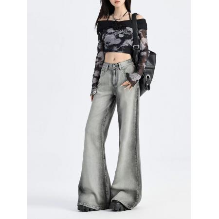 FA53428# 美式复古高腰微喇牛仔裤女早秋新款宽松个性百搭阔腿喇叭裤子 服裝批發女裝批發服飾貨源