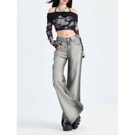 FA53428# 美式复古高腰微喇牛仔裤女早秋新款宽松个性百搭阔腿喇叭裤子 服裝批發女裝批發服飾貨源