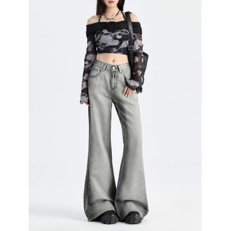 FA53428# 美式复古高腰微喇牛仔裤女早秋新款宽松个性百搭阔腿喇叭裤子 服裝批發女裝批發服飾貨源