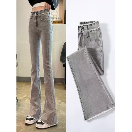 FA53429# 烟灰色高腰微喇叭牛仔裤女春季新款毛边马蹄喇叭显瘦长裤子 服裝批發女裝批發服飾貨源