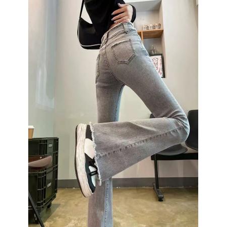 FA53429# 烟灰色高腰微喇叭牛仔裤女春季新款毛边马蹄喇叭显瘦长裤子 服裝批發女裝批發服飾貨源