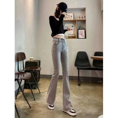 FA53429# 烟灰色高腰微喇叭牛仔裤女春季新款毛边马蹄喇叭显瘦长裤子 服裝批發女裝批發服飾貨源