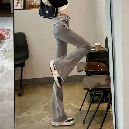 FA53429# 烟灰色高腰微喇叭牛仔裤女春季新款毛边马蹄喇叭显瘦长裤子 服裝批發女裝批發服飾貨源