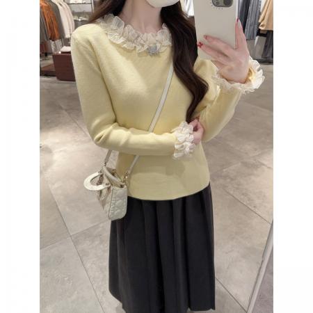 秋冬韩版温柔网纱拼接花边设计安迪绒针织衫打底毛衣 服裝批發女裝批發服飾貨源