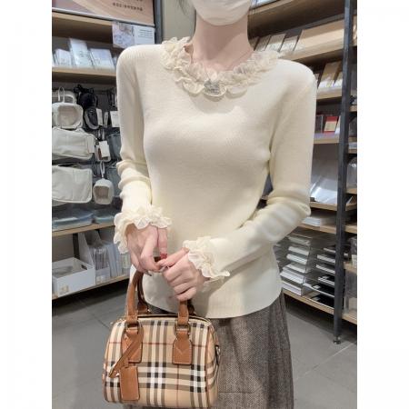 FA53430# 秋冬韩版温柔网纱拼接花边设计安迪绒针织衫打底毛衣 服裝批發女裝批發服飾貨源