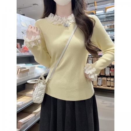 FA53430# 秋冬韩版温柔网纱拼接花边设计安迪绒针织衫打底毛衣 服裝批發女裝批發服飾貨源