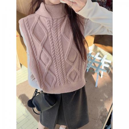 FA53431# 秋冬韩版气质高领麻花双面穿北极绒无袖针织衫马甲毛衣 服裝批發女裝批發服飾貨源