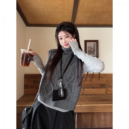 FA53431# 秋冬韩版气质高领麻花双面穿北极绒无袖针织衫马甲毛衣 服裝批發女裝批發服飾貨源