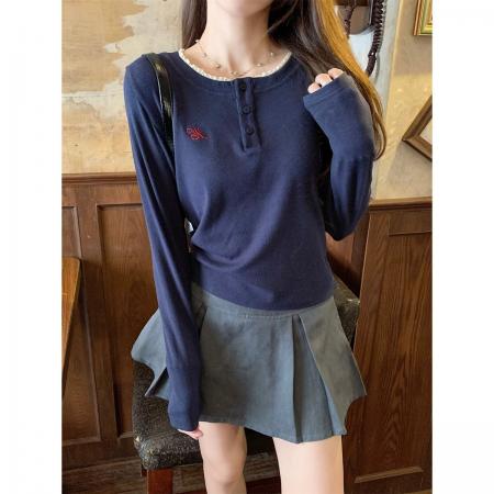 FA53434# 螺纹德绒原版做法花边圆领长袖T恤女秋季打底衫内搭 服裝批發女裝批發服飾貨源