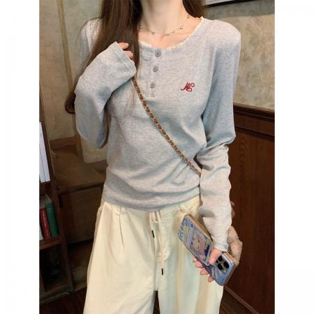 FA53434# 螺纹德绒原版做法花边圆领长袖T恤女秋季打底衫内搭 服裝批發女裝批發服飾貨源