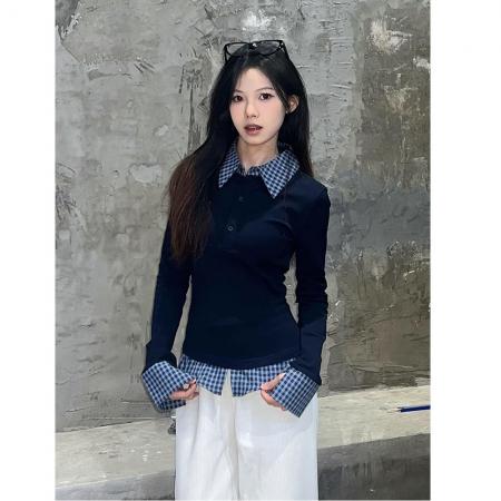 人棉藏青蓝撞色翻领假两件T恤女拼接短款Polo衫修身上衣 服裝批發女裝批發服飾貨源