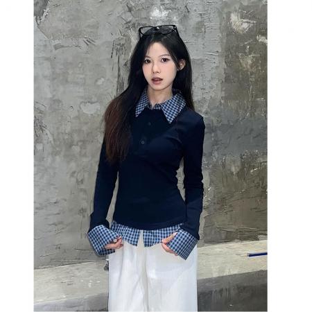 FA53435# 人棉藏青蓝撞色翻领假两件T恤女拼接短款Polo衫修身上衣 服裝批發女裝批發服飾貨源
