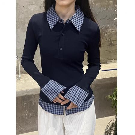 FA53435# 人棉藏青蓝撞色翻领假两件T恤女拼接短款Polo衫修身上衣 服裝批發女裝批發服飾貨源