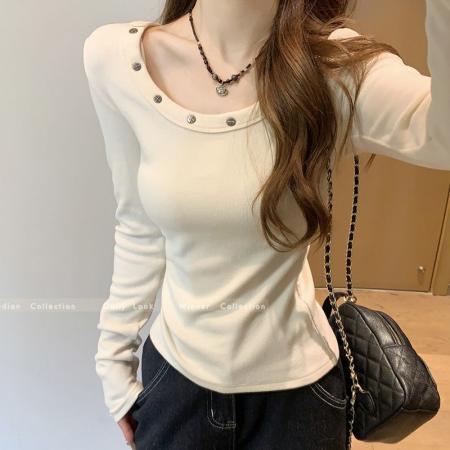 MR螺纹德绒低圆领铆钉设计羊绒打底衫女秋冬修身显瘦长袖上衣 服裝批發女裝批發服飾貨源