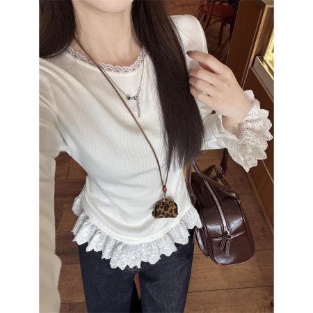 FA53437# 韩系木耳边圆领长袖打底衫女秋冬款长袖内搭蕾丝花边下摆t恤上衣 服裝批發女裝批發服飾貨源