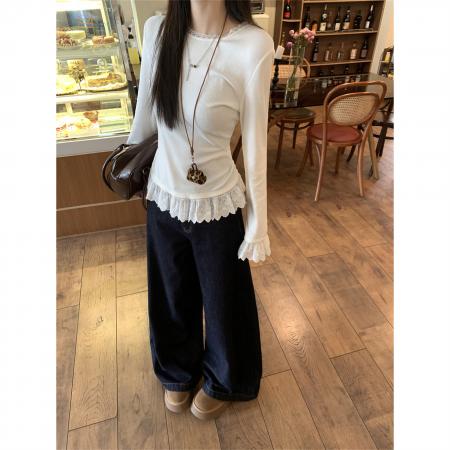 FA53437# 韩系木耳边圆领长袖打底衫女秋冬款长袖内搭蕾丝花边下摆t恤上衣 服裝批發女裝批發服飾貨源