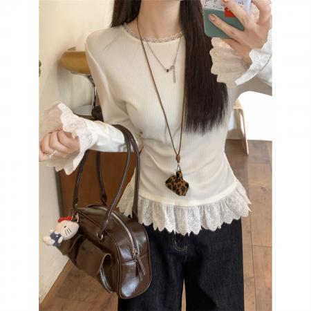 FA53437# 韩系木耳边圆领长袖打底衫女秋冬款长袖内搭蕾丝花边下摆t恤上衣 服裝批發女裝批發服飾貨源