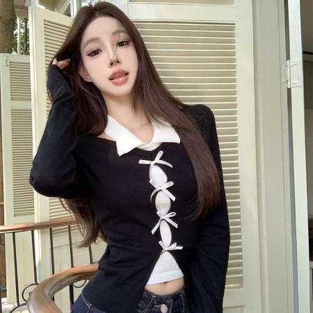 FA53438# 法式心机显瘦露肩上衣韩系穿搭假两件毛衣外套女 服裝批發女裝批發服飾貨源