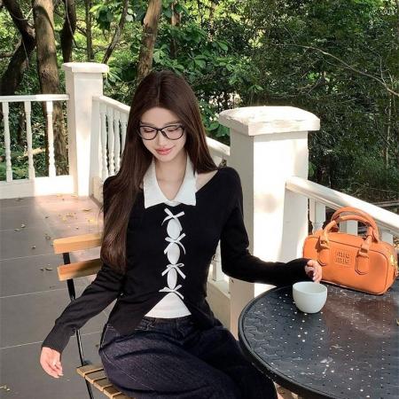 FA53438# 法式心机显瘦露肩上衣韩系穿搭假两件毛衣外套女 服裝批發女裝批發服飾貨源