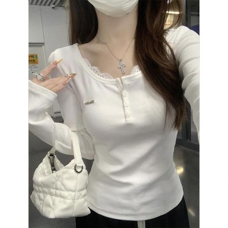 原版好面料韩系蕾丝拼接长袖正肩T恤女秋季修身内搭上衣 服裝批發女裝批發服飾貨源
