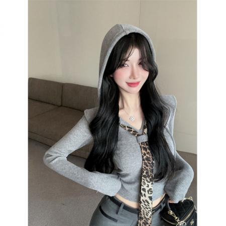 FA53440# 螺纹御姐V领豹纹领带拼接短长袖打底衫女秋辣妹连帽上衣 服裝批發女裝批發服飾貨源