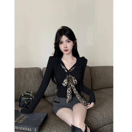 FA53440# 螺纹御姐V领豹纹领带拼接短长袖打底衫女秋辣妹连帽上衣 服裝批發女裝批發服飾貨源