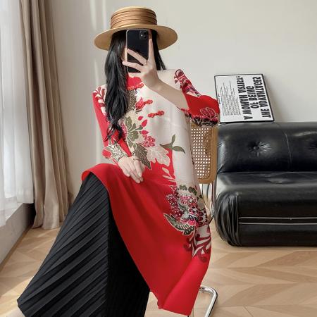 LN76417# 新中式立领钉珠褶皱旗袍裙女新款盘扣印花中长款宴会洋装敬酒