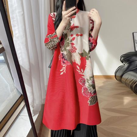 FA53442# LN76417# 新中式立领钉珠褶皱旗袍裙女新款盘扣印花中长款宴会洋装敬酒