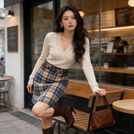 港风复古优雅格纹毛呢中裙女秋冬高腰显瘦直筒裙 服裝批發女裝批發服飾貨源