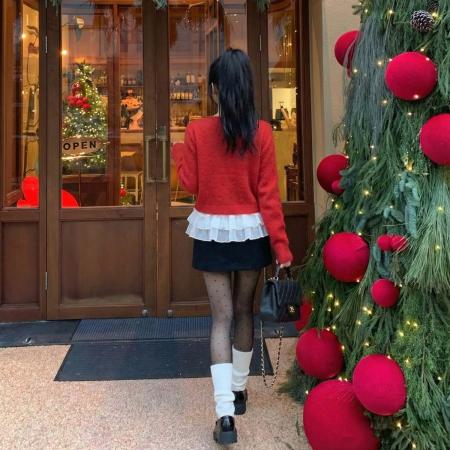 FA53449# 元旦新年喜庆红色长袖针织毛衣小外套荷叶边打底小吊带套装 服裝批發女裝批發服飾貨源