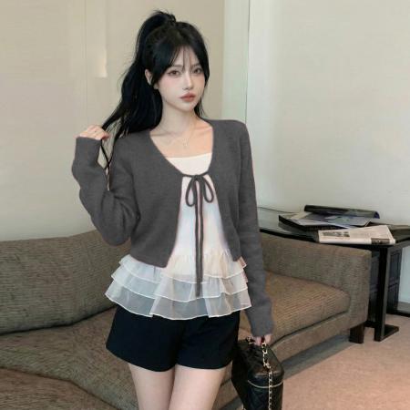 FA53449# 元旦新年喜庆红色长袖针织毛衣小外套荷叶边打底小吊带套装 服裝批發女裝批發服飾貨源