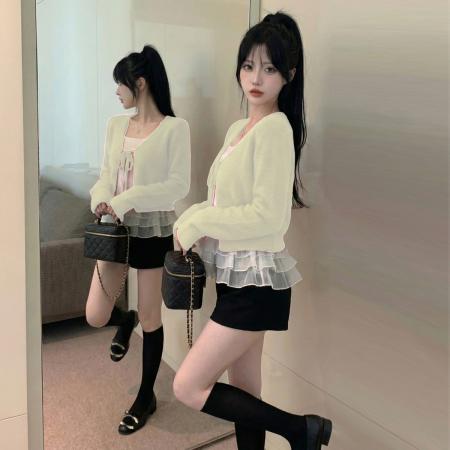 FA53449# 元旦新年喜庆红色长袖针织毛衣小外套荷叶边打底小吊带套装 服裝批發女裝批發服飾貨源