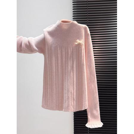 蝴蝶结蕾丝拼接针织衫女内搭半高领打底衫粉色独特漂亮减龄款上衣 服裝批發女裝批發服飾貨源