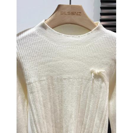 FA53450# 蝴蝶结蕾丝拼接针织衫女内搭半高领打底衫粉色独特漂亮减龄款上衣 服裝批發女裝批發服飾貨源