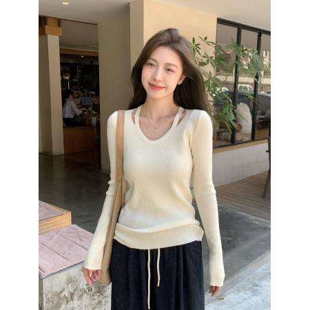 韩系纯欲别致低领内搭打底衫女春秋心机镂空修身毛衣T恤针织上衣 服裝批發女裝批發服飾貨源