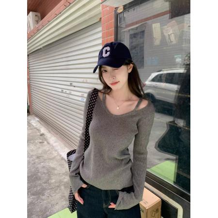 FA53451# 韩系纯欲别致低领内搭打底衫女春秋心机镂空修身毛衣T恤针织上衣 服裝批發女裝批發服飾貨源